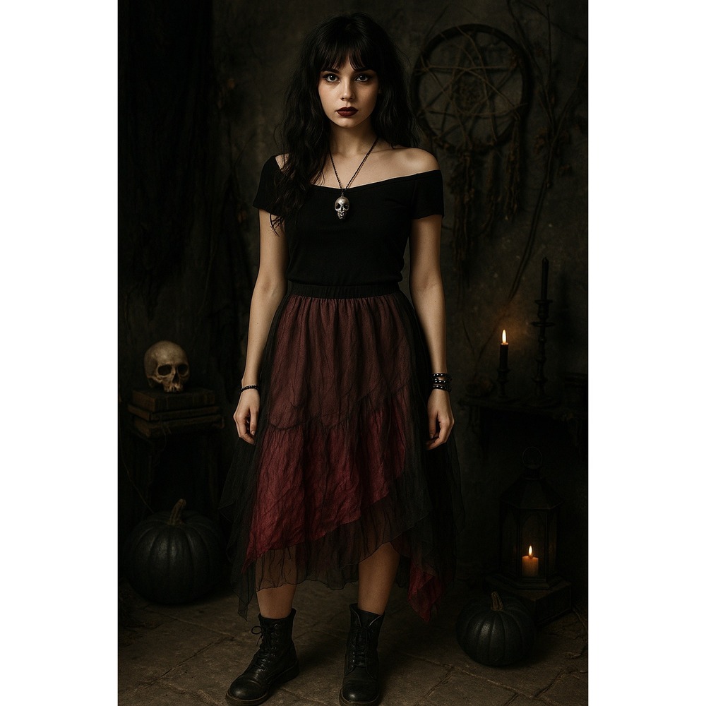 Whimsigoth‎ Dark Fairycore Emo Gothic Burgundy Black Ruffle Mesh Tulle S Skirt